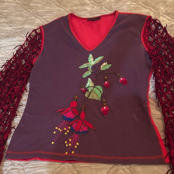 Kanika Cruz floral sequin embroidered open-knit crochet fringe sleeves top sz.S - Picture 3 of 13